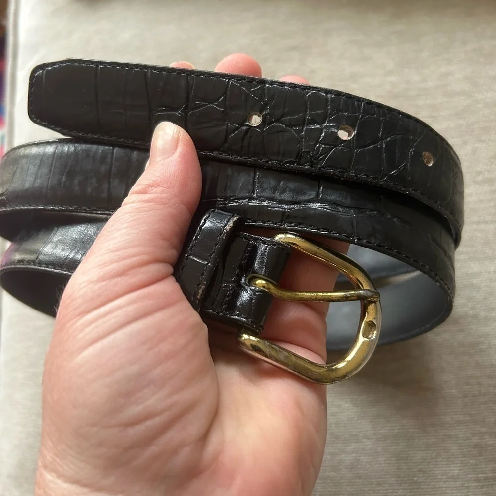 Black Alligator Grain Cowhide Belt with Gold Buckle